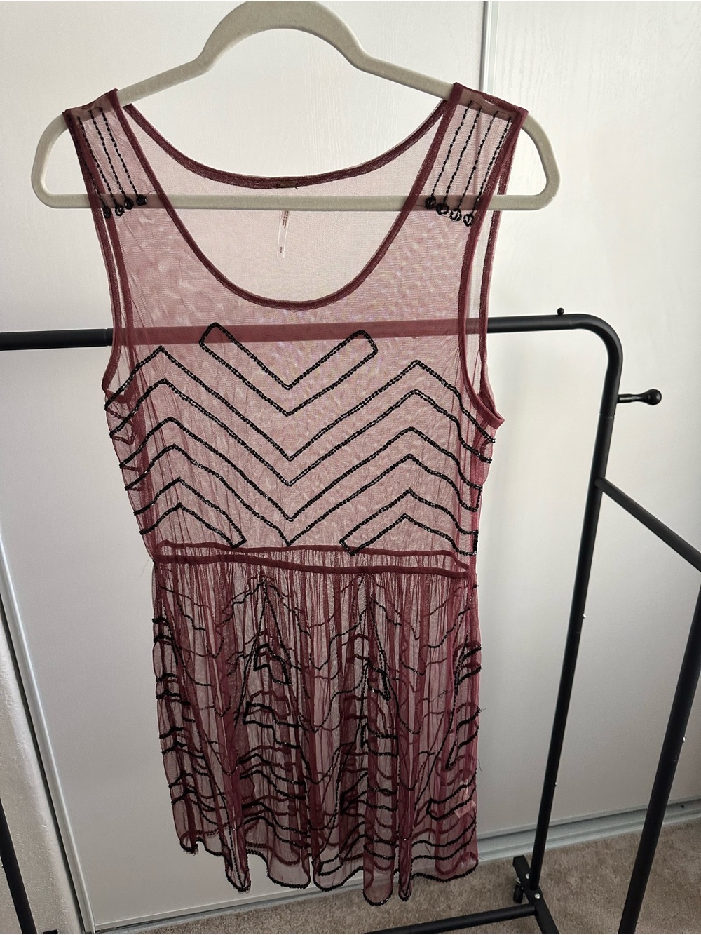Free People Sheer Embellished Mesh Dress - Merlot
